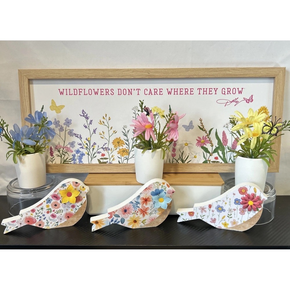 Stand Alone Spring Summer Table‎ Decor Floral Wood Bird Set Of 3